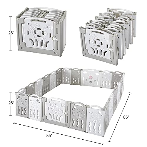 Albott Baby Playpen, Upgraded 18 Panels Foldable Baby Fence with Game Panel and Safety Gate, Adjustable Shape, Portable Baby Play Yards for Children Toddlers Indoors (18 Panel, White+Grey)