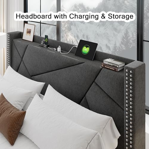 Upholstered Queen Bed Frame with 4 Storage Drawers, Platform Bed Frame with Charging Station, Modern Geometric Wingback Headboard, No Box Spring Needed, Easy Assembly, Light Grey