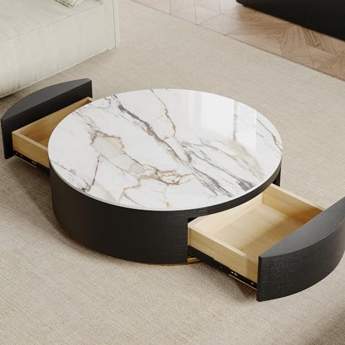 POVISON Modern Round Coffee Table with Storage, Sintered Stone Top Drum Coffee Table with Drawers, Oak Veneer, Circle Coffee Tables for Living Room, 35.43", Fully Assembled