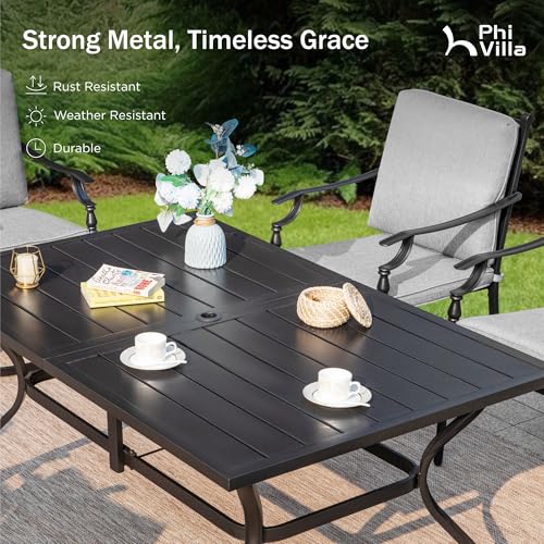 PHI VILLA 7 Pieces Outdoor Dining Set for 6, Rectangular Black Steel Dining Table with Fixed and Swivel Iron Chairs, Large Dining Furniture Set with Cushions for Patio, Deck, Porch, Backyard