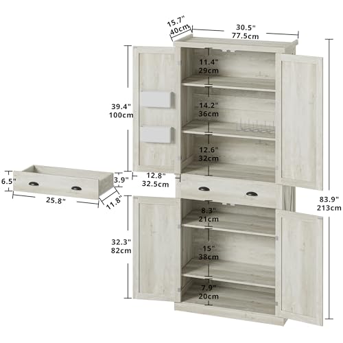 IRONCK Kitchen Pantry Storage Cabinet 72.6" H, with Barn Doors, Drawer, 4 Adjustable Shelves, Freestanding Cupboard for Dining Room Living Room, Laundry, White