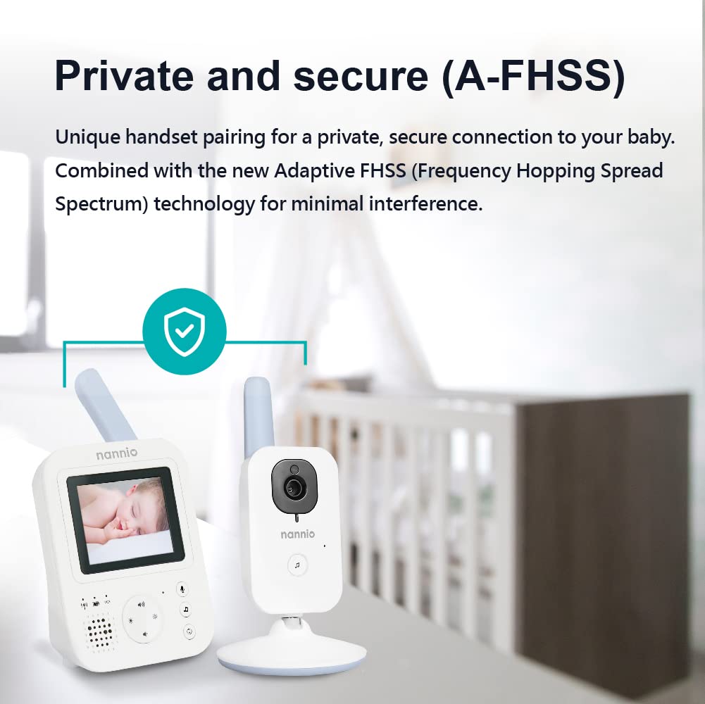 nannio Hero2 Video Baby Monitor with Camera and Audio, Two-Way Talk, Auto Night Vision, Voice Activation, 5 Lullabies, 985ft Range, Long Battery Life, Non-WiFi, Baby Shower Gifts, 2 Years Warranty