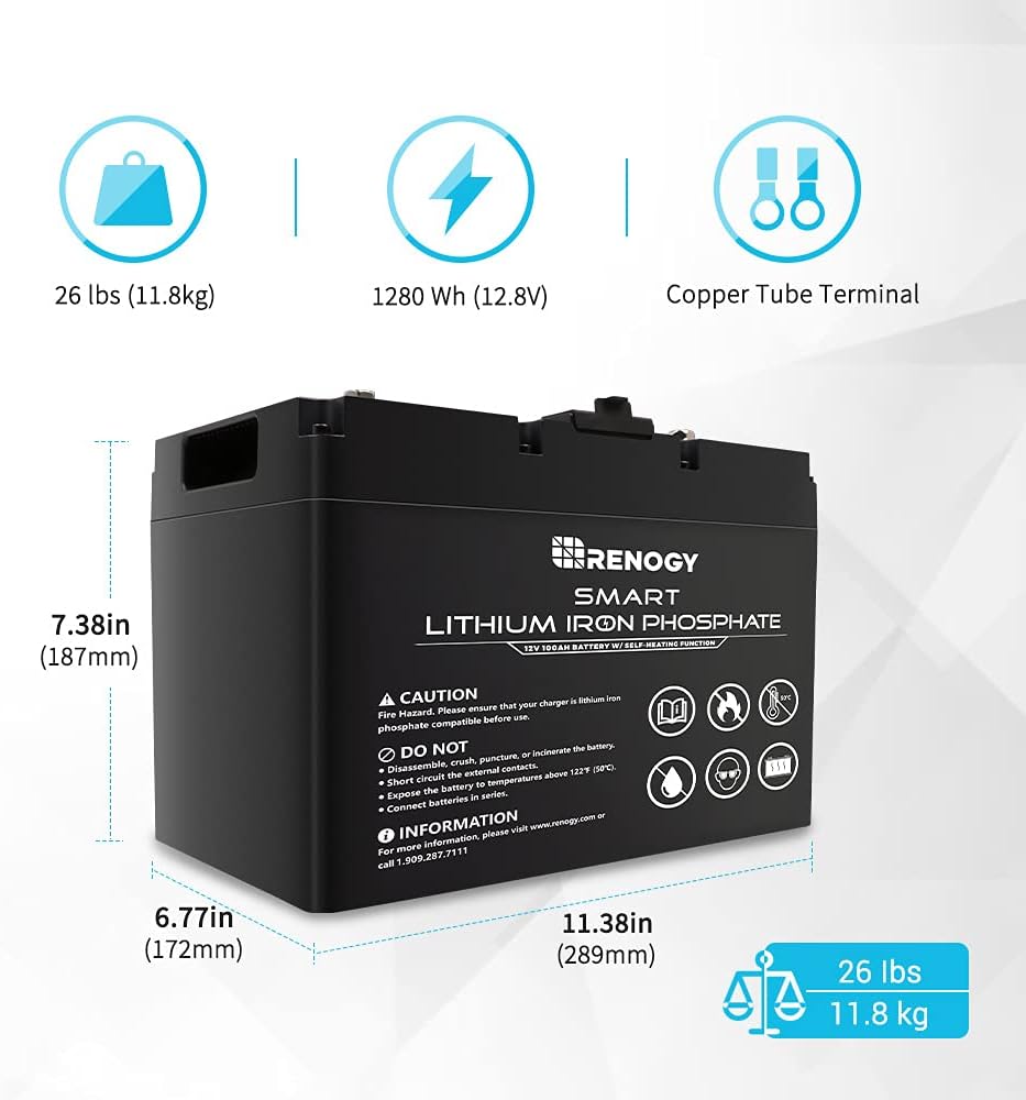 Renogy Smart Lithium-Iron Phosphate Battery 12V 100Ah w/Self-Heating Function for RV, Solar, Marine, and Off-grid Applications