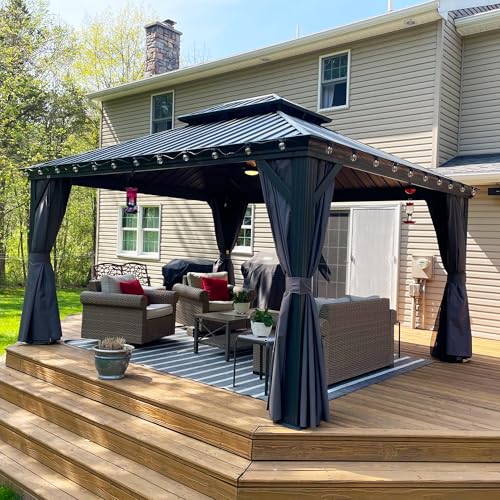 PURPLE LEAF 10' X 14' Permanent Hardtop Gazebo Aluminum Gazebo with Galvanized Steel Double Roof for Patio Lawn and Garden, Curtains and Netting Included, Grey