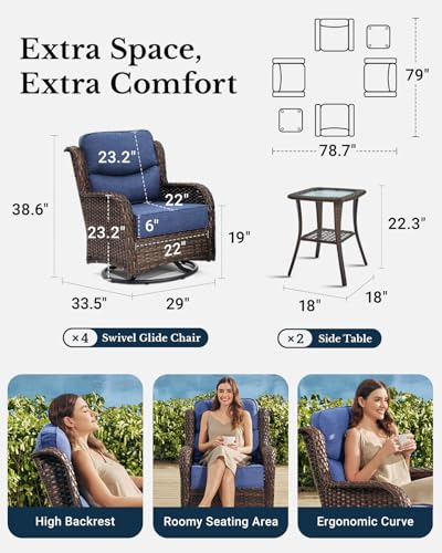 Luxury Patio Furniture Set with 6-inch Thick Cushion, Outdoor Couch and High Back Swivel Rocker Patio Chairs, 7PCS Wicker Conversation Set for Deck, Yard, and Poolside in Blue (V2)