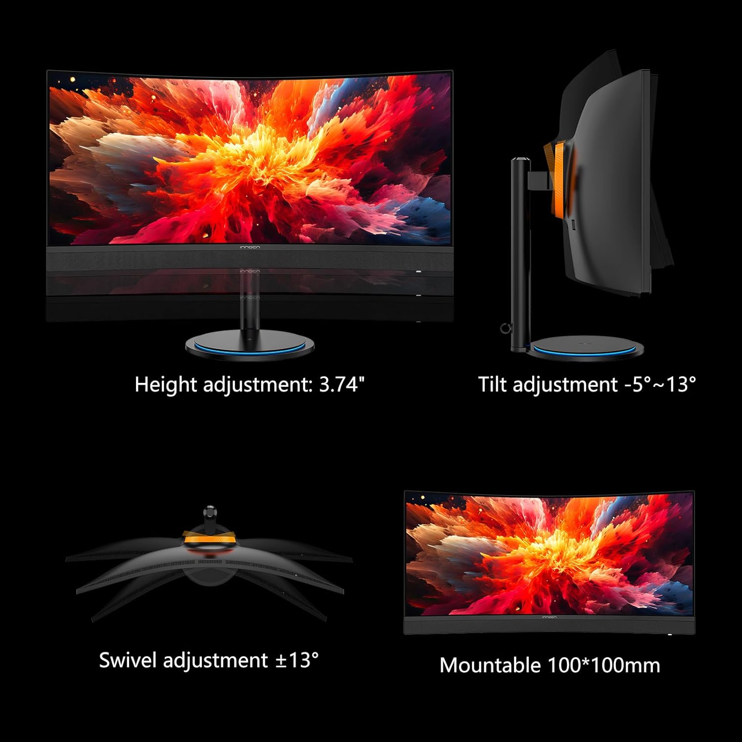INNOCN 34" USB Type C Curved Ultrawide Gaming Monitor 3440 x 1440p 165Hz PC Computer Monitor Gamer, HDMI, DP, Built-in 2.1 Stereo Speakers, Charger Pad, Black, 34G1R