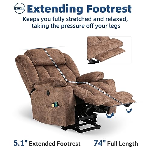 Large Electric Power Lift Recliner Chair with Extended Footrest for Elderly Big Man, Overstuffed Wide Massage Lounge Chairs with Heat, 2 Cup Holders, Side Pockets & USB Ports, Fabric Gray