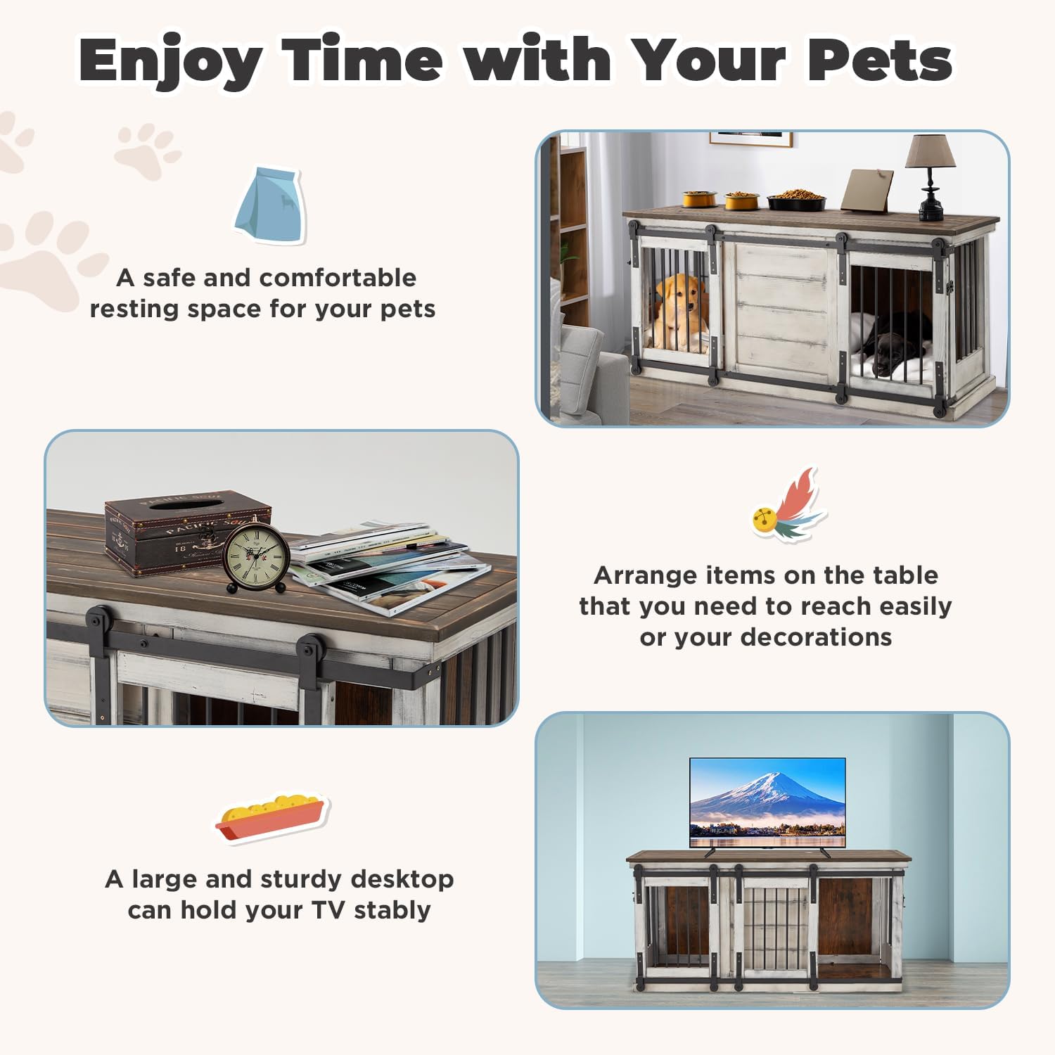 Solid Wood Dog Crate Furniture, 62.5'' Wooden Dog Crate with Removable Divider, Indoor Dog Kennel TV Cabinet, Dog Crates Furniture for 2 Small Medium Dogs, White