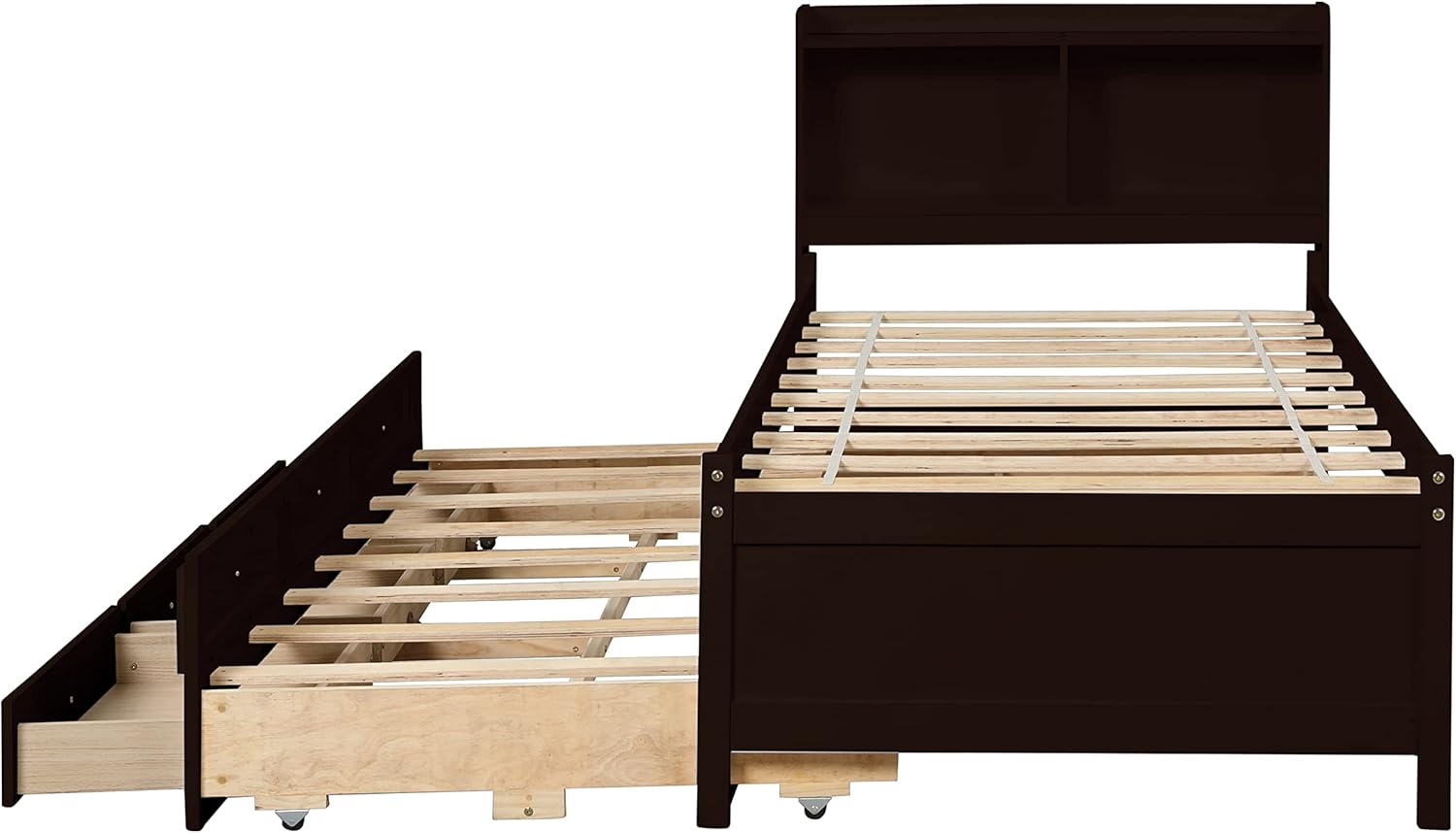 Twin Captain’s Bed with Bookcase Headboard, Wood Twin Size Bed Frame with Trundle and 3 Drawers for Kids, Teens, Adults, Espresso