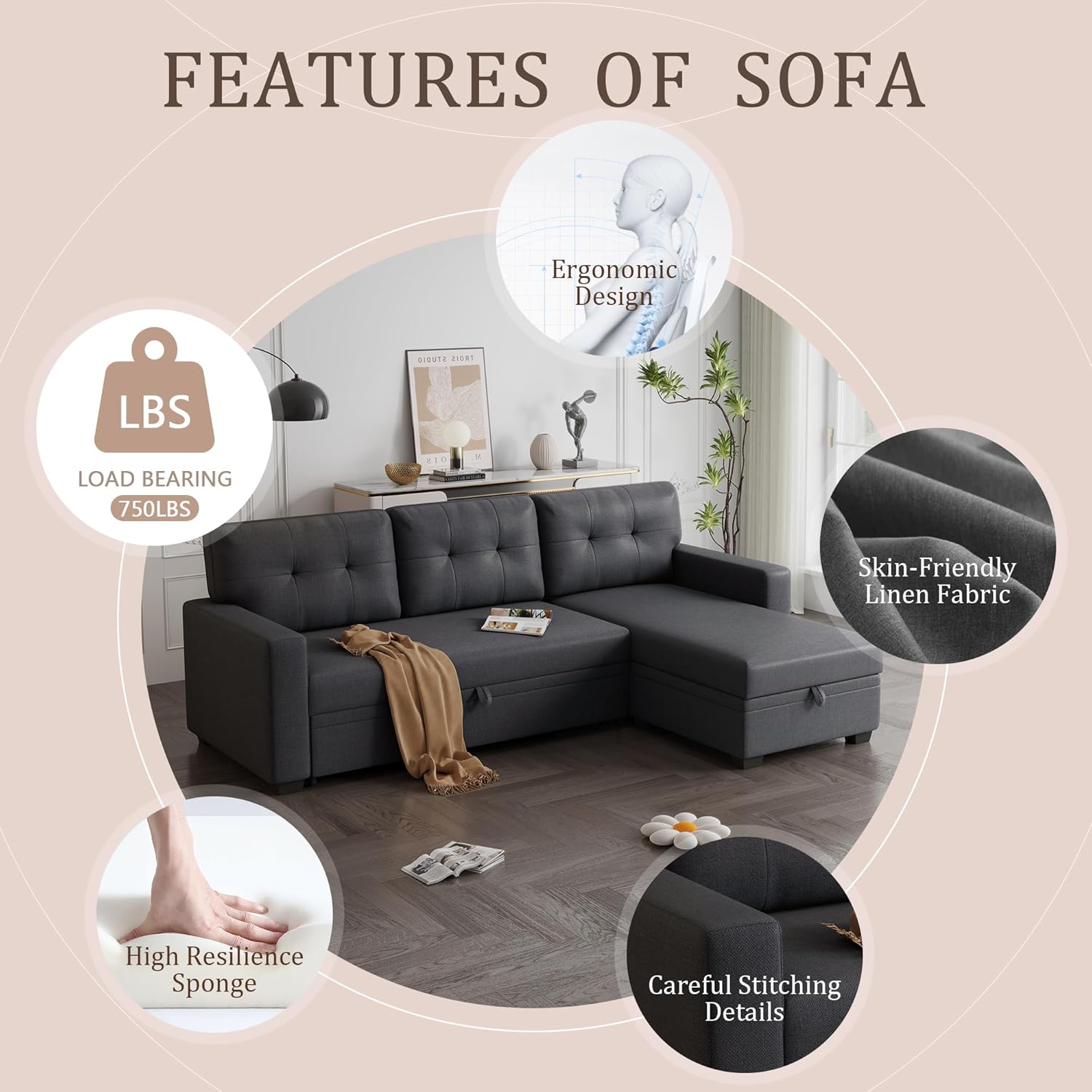 82" Upholstered Pull Out Sofa Bed with Storage Chaise,Linen Reversible Couch W/Tufted Backrest,3 Seater Sectional Sleeper for Living Room Apartment Office,Dark Gray