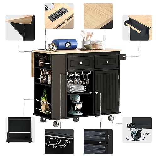 Kitchen Island with Storage, Island Table on Wheels with Drop Leaf, Power Outlet, Large Storage Cabinet, 2 Drawers, Wine Rack, Spice Rack, Portable Trolley Cart for Dining Room (White)