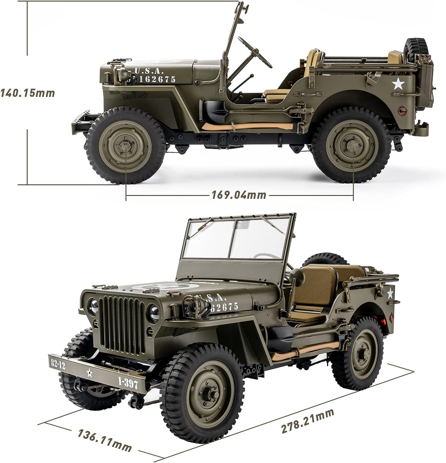 RocHobby 1/12 1941 MB Scaler RC Jeep, 4x4 Hobby Grade RTR RC Car Mini RC Rock Crawler Military, 2.4Ghz RC Truck with 180 Brushed Motor, LED Lights, Battery and USB Charger for Adults