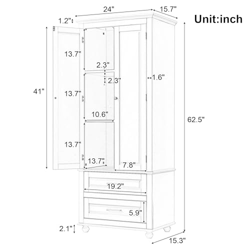 Polibi Tall Storage Cabinet with 2 Drawers, 3-Tier Adjustable Shelves & 2 Doors, Floor Freestanding Cabinet for Bathroom, Living Room, Grey