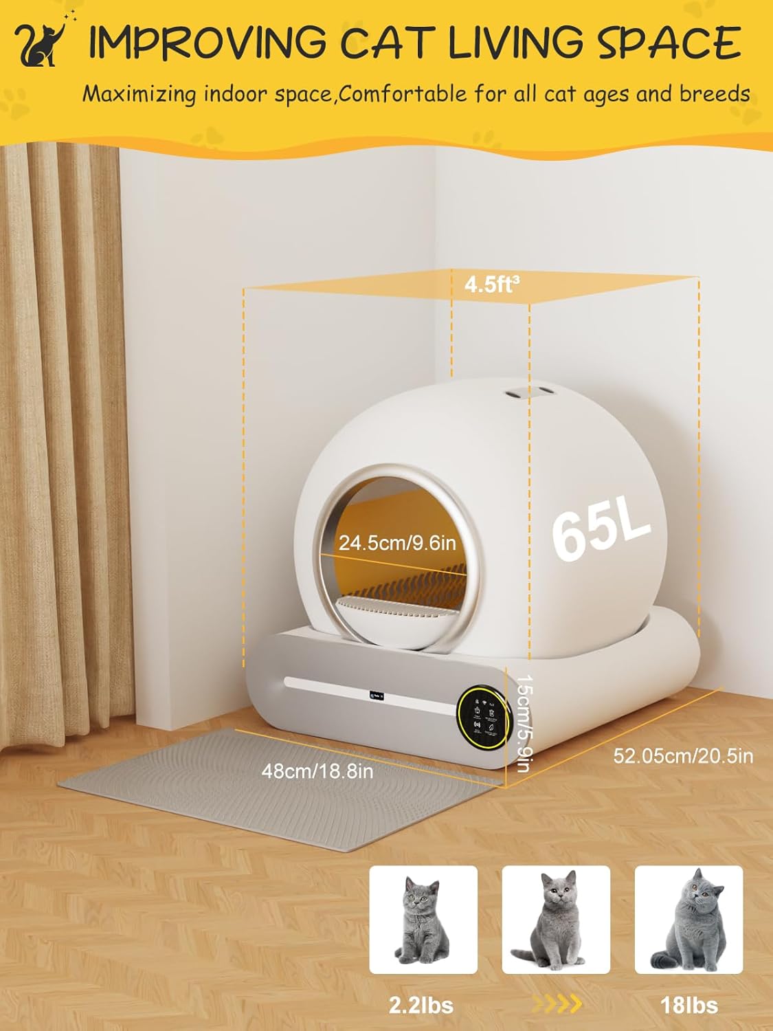 Smart Self-Cleaning Litter Box - 65L+9L Capacity, App Control, and Mess-Free Design for Multiple Cats