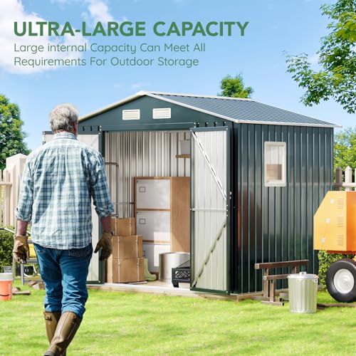 10X12X7.5 FT Outdoor Steel Storage Shed with Lockable Doors, 2 Windows, Transparent Roof Panels (Wood Panels & Frame Floor Not Included), Ideal for Patio Storage,Garbage Can, Chicken Coop，Brown
