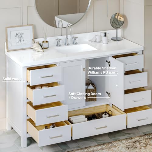 ARIEL 61" White Bathroom Vanity with 1.5" Edge Italian Carrara Marble Countertop & Backsplash, Center Rectangular Sink, 2 Soft Closing Doors, 9 Full Extension Dovetail Drawers, Brushed Nickel