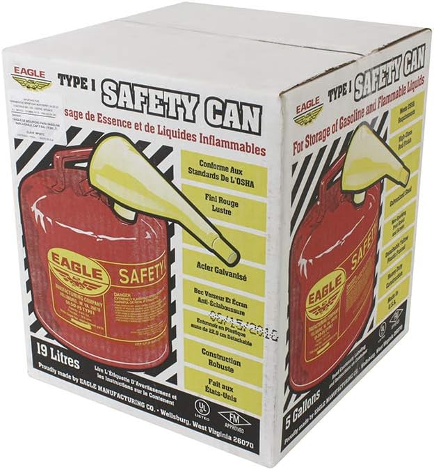 UI-50-FS Red Galvanized Steel Type I Gasoline Safety Can with Funnel, 5 Gallon Capacity, 13.5" Height, 12.5" Diameter,Red/Yellow Pack of 2