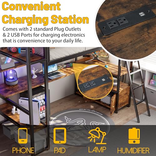 Full Size Loft Bed with Desk and Stairs,Metal Gaming Loft Bed Full with Wardrobe and Shelf, High Loft Bed with LED & USB Charging Station for Teens, Adults, Space Saving Design,Black