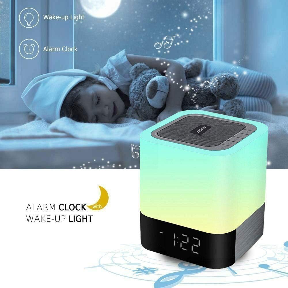 Aisuo Night Light-5 in 1 Bedside Lamp with Bluetooth Speaker,12/24H Digital Calendar Alarm Clock,Touch Control ,Support TF and SD Card,Music Player,Room Decor .