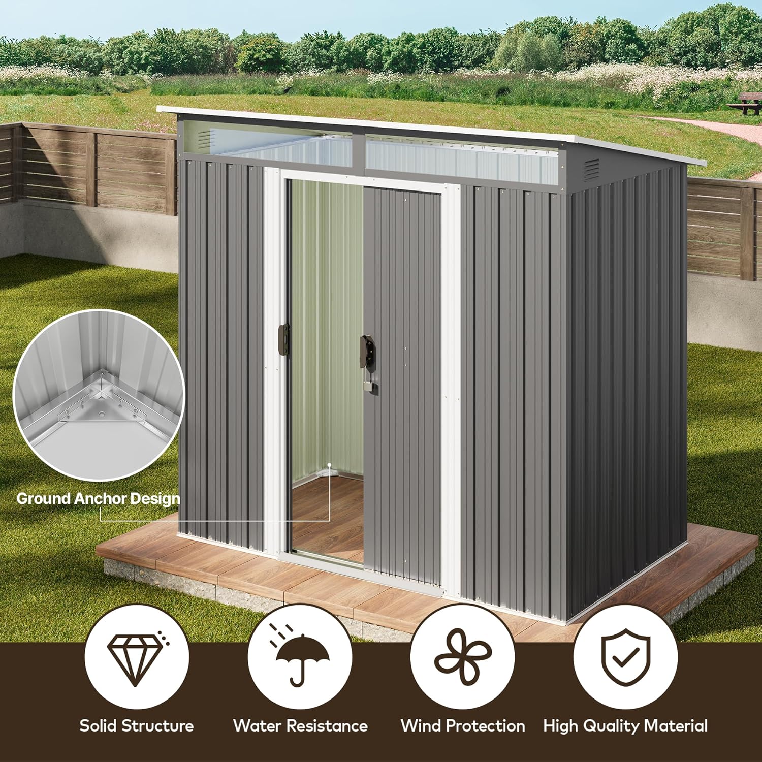 Gizoon 6' x 4' Outdoor Storage Shed with Sliding Doors, Versatile Metal with Anchors, Tool Shed with Transparent Panel Windows, Outdoor Storage Clearance for Backyard, Patio, Garden Dark Gray