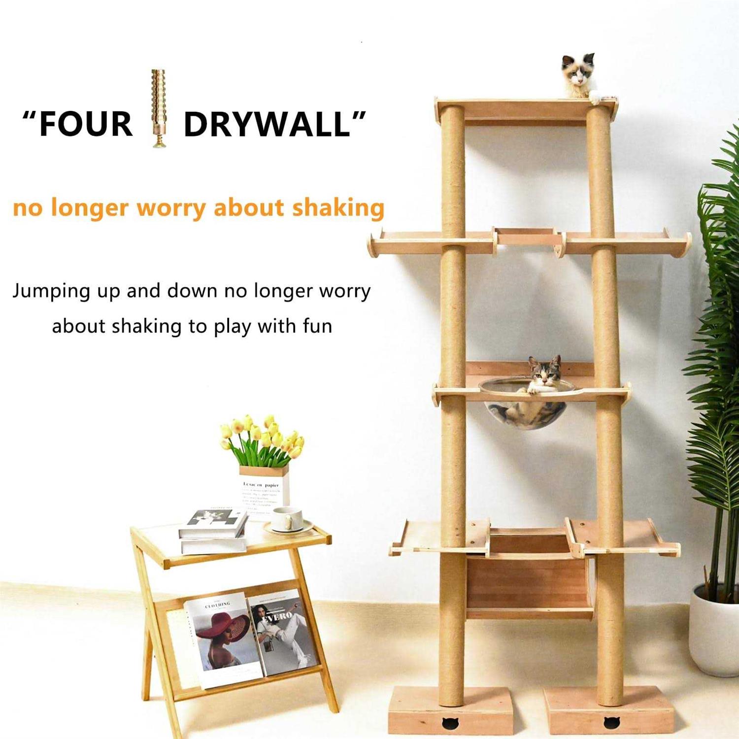 Cat Tree with Hammock Tall Wall Mounted Wood Scratching Post for Indoor Cats Climbing Activity Tower - Pet Supplies online store