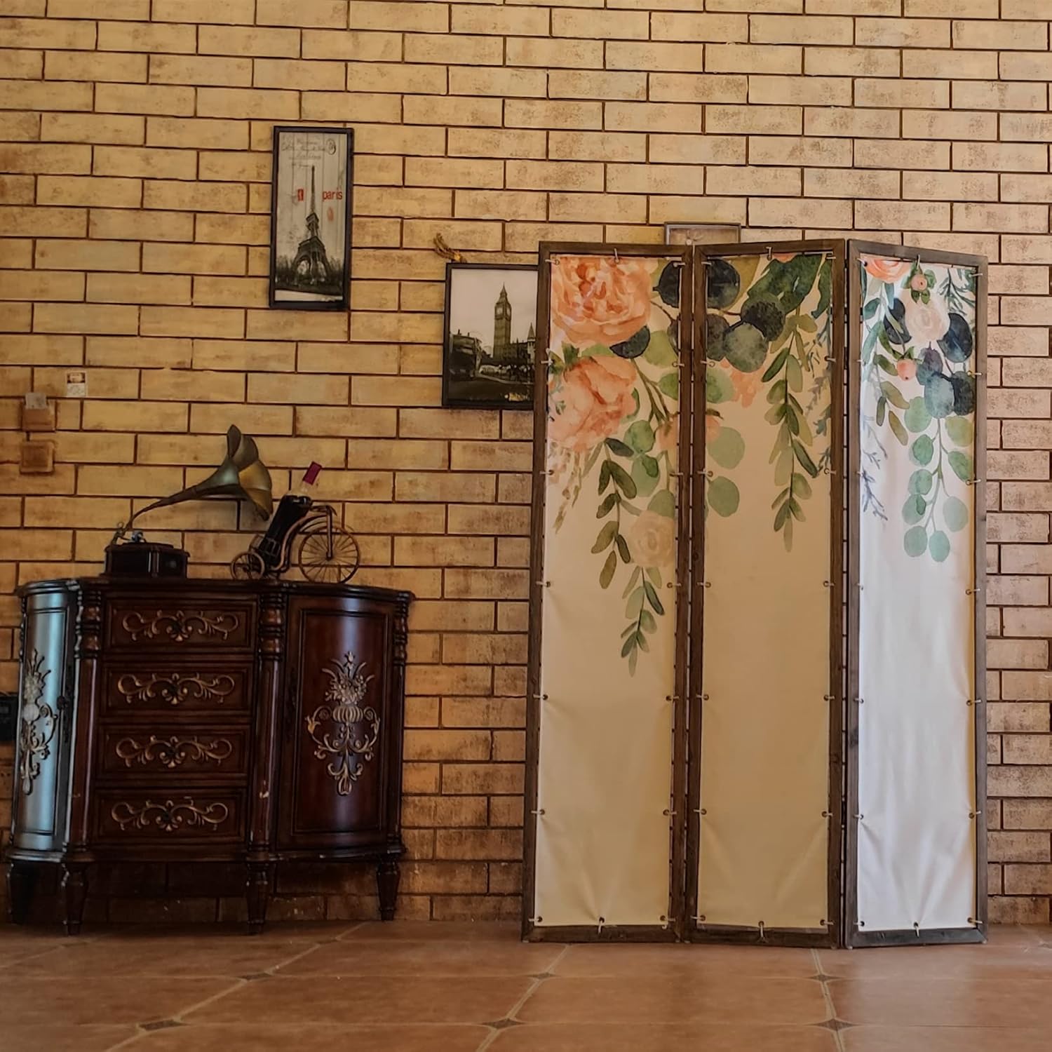 Room Divider Screen Oriental Furniture Privacy Screens Flowers Painting Canvas 3-Panel Foldable Portable Room Separating Divider Room Partitions and Dividers Freestanding 71'' Tall