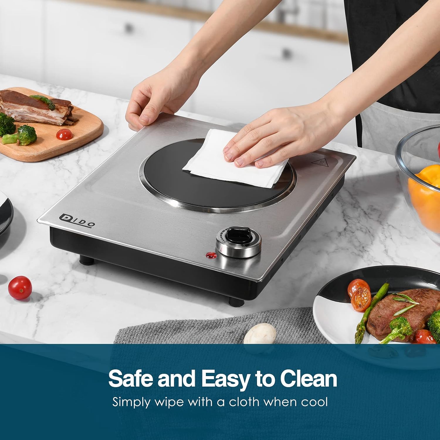 DIDO 1800W Hot Plate, Portable Electric Stove Countertop Cast-Iron Double Burner with Adjustable Temperature& Anti-Slip Feet, Stainless Steel Cooktop for Home/Camp/RV, Compatible for All Cookwares