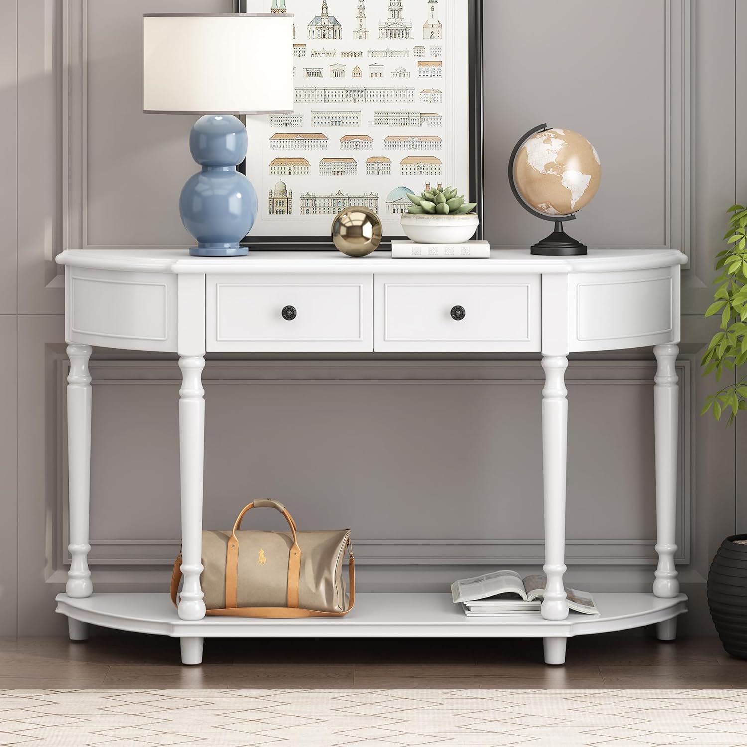Storage Cabinet Retro Circular Curved Console Open Shelf and 2 Top Drawers, Half Moon Entry Solid Wooden Frame and Legs,Wood Sofa Tables, for Hallway, Living Room, White