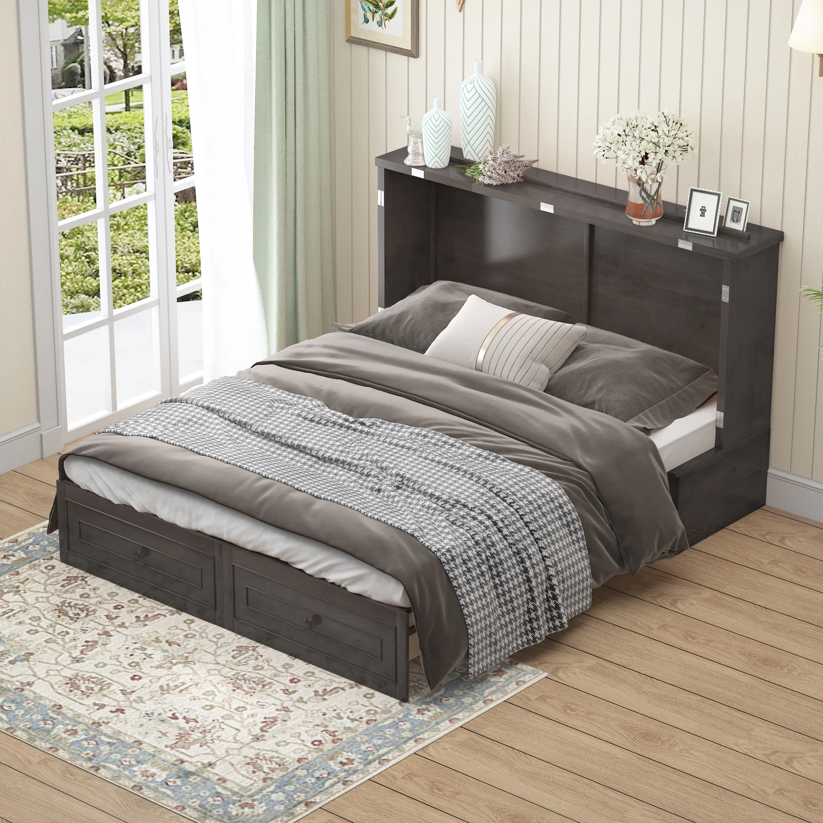 ijuicy Queen Size Murphy Bed Cabinet with Built-in Charging Station and Storage Drawer, Solid Wood Cabinet Bed Queen Size with Mattress, Murphy Cube Chest Bed for Guest Room, Home, Office- Grey