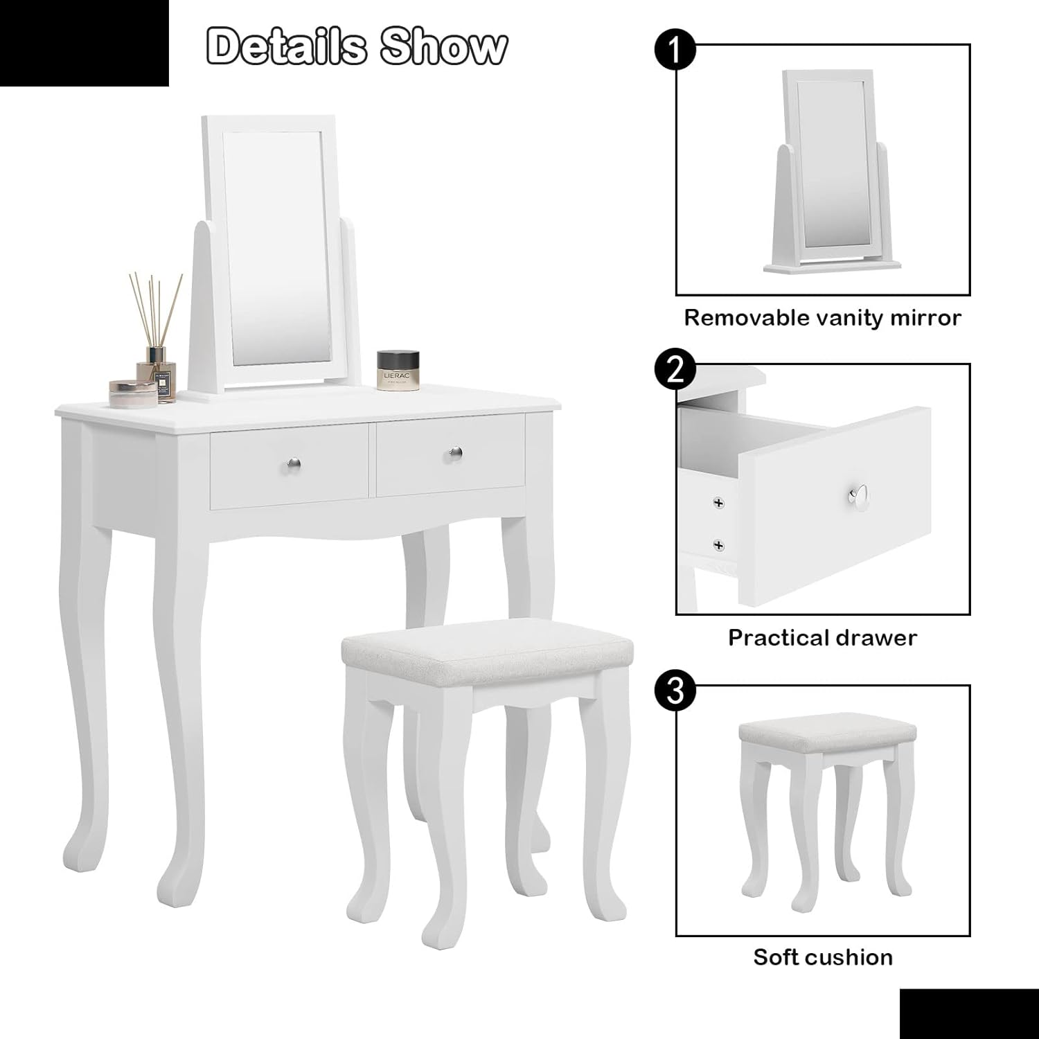 sogesfurniture Vanity Dressing Table Set Wooden Contemporary with 360° Pivoting Mirror and Stool, Multifunctional Makeup Dressing Table and with 2 Drawers, White