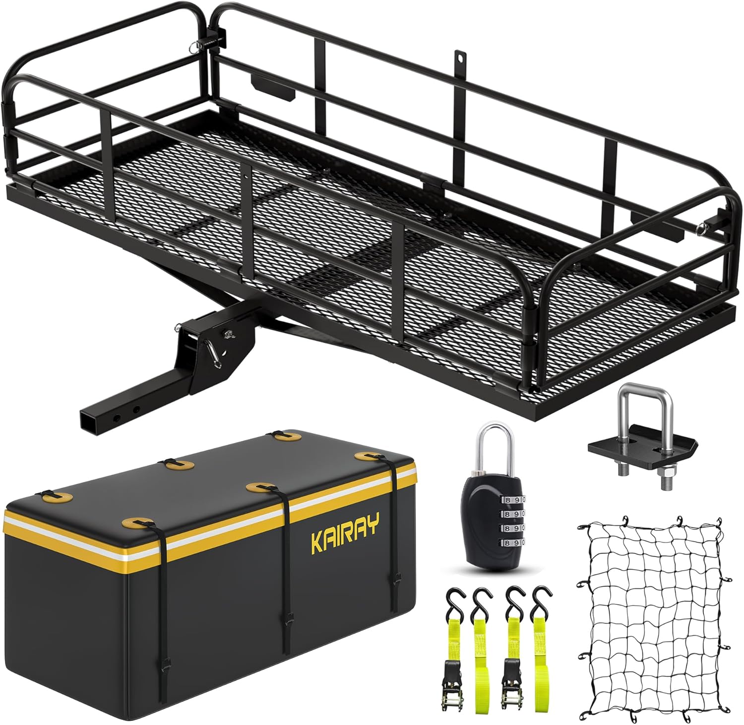500 Lbs Heavy Duty Hitch Mount Cargo Carrier 60"x24"x14.4" Folding Rear Luggage Rack Basket Fits 2" Receiver for Car SUV Camping Traveling with Stablizer Waterproof Bag Net Ratchet Straps Lock