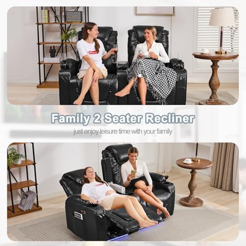 RV Reclining Loveseat Recliner Wall Hugger Recliners RV Theater Seating Seats Theater Chair Theater Recliner Sofa Love Seat with LED Light/USB/Type C/Cup Holders,Power Recliner Chair (Blue, 62)
