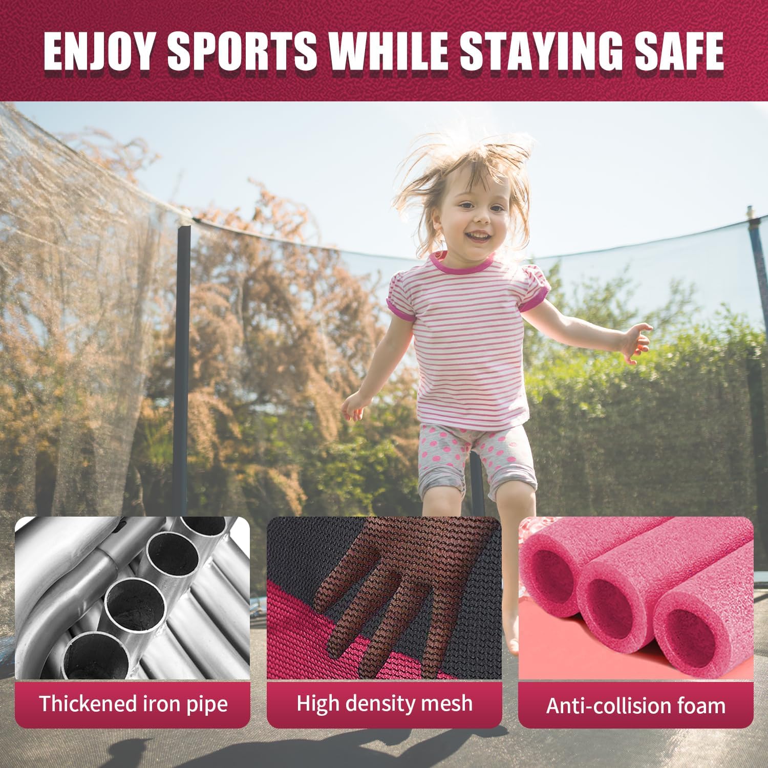 PayLessHere Trampoline 8FT 10FT 12FT 14FT Trampoline with Enclosure ASTM Approved-Combo Bounce Exercise Trampoline PVC Spring Cover Padding for Kids and Adults (Pink, 10FT)