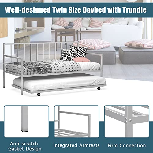 Giantex Twin Daybed with Trundle, Metal Twin Size Daybed with Pullout Trundle w/ 4 Casters, Metal Slat Support Sofa Bed for Kids Teens Adults Living Room, Guest Room, No Box Spring Needed, Silver