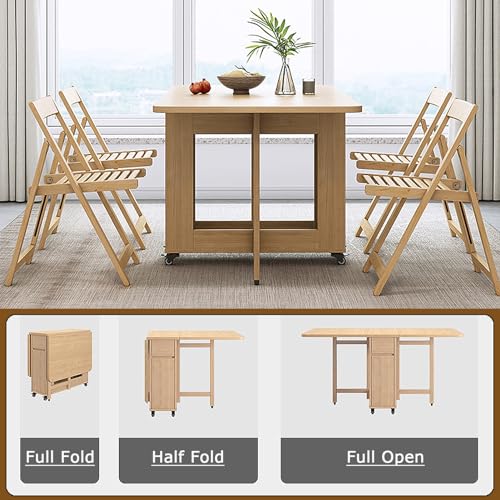 Space Saving Folding Dining Table with 4-6 Chairs, Extendable Drop Leaf Farmhouse Wood Kitchen Dining Room Tables Set for 6, Collapsible Expandable Kitchen Dining Living Office Furniture,6 Cha