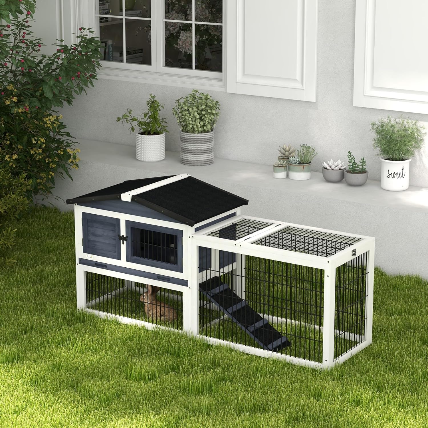 2 Levels Outdoor Rabbit Hutch with Openable Top, 59" Wooden Large Rabbit Cage with Run Weatherproof Roof, Removable Tray, Ramp, Dark Gray