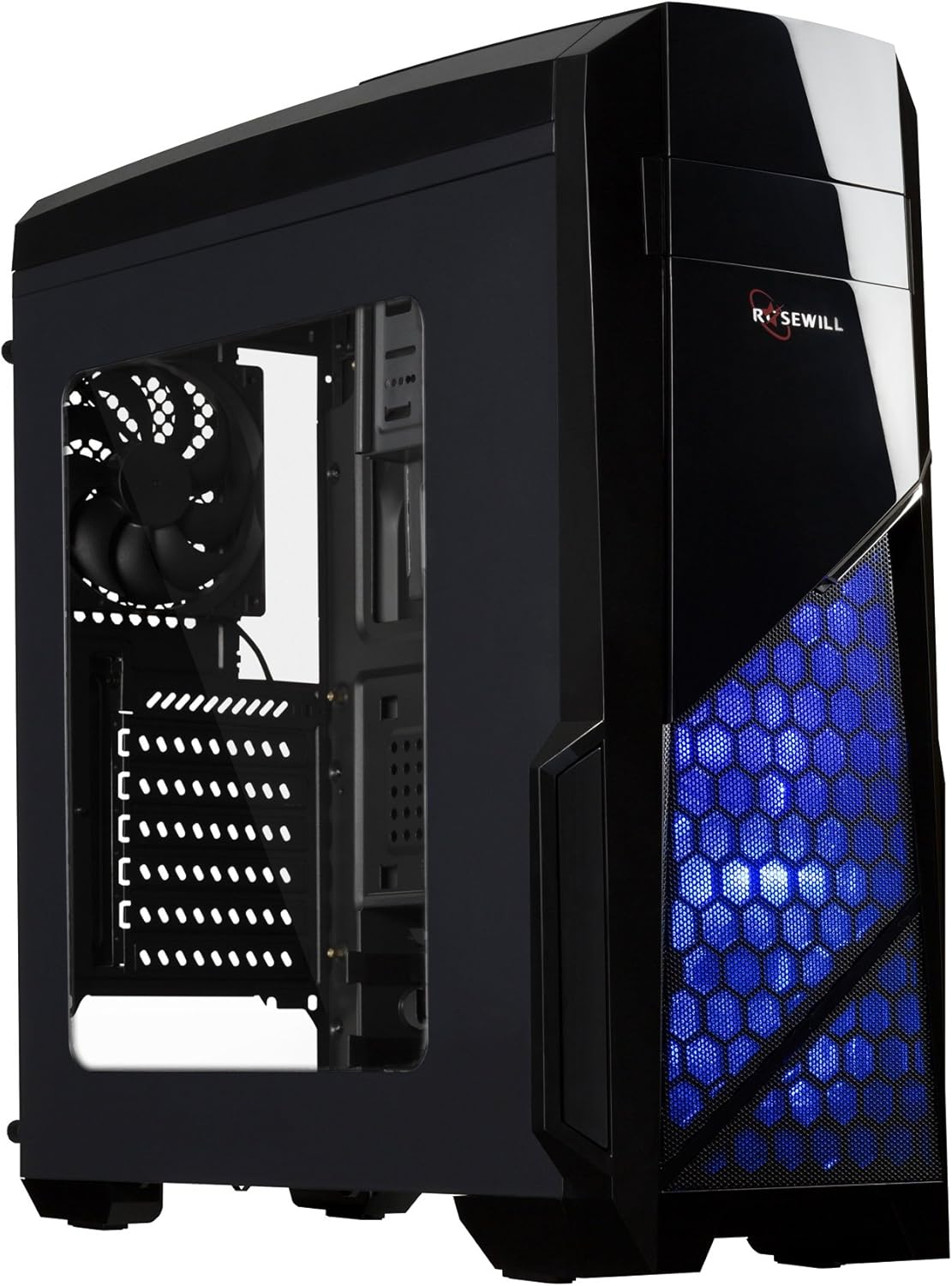 ROSEWILL ATX Mid Tower Gaming Computer Case, Gaming Case with Blue LED for Desktop / PC and 3 Case Fans Pre-Installed, Front I/O Access Ports (CHALLENGER S)