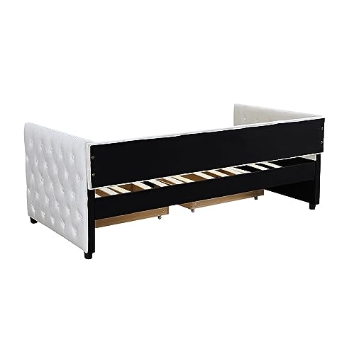 Velvet Twin Daybed with Storage, Upholstered Day Bed Twin Size with Drawers and Headboard, Solid Wood Bed Frame for Living Room and Bedroom, No Box Spring Needed (Beige Velvet)