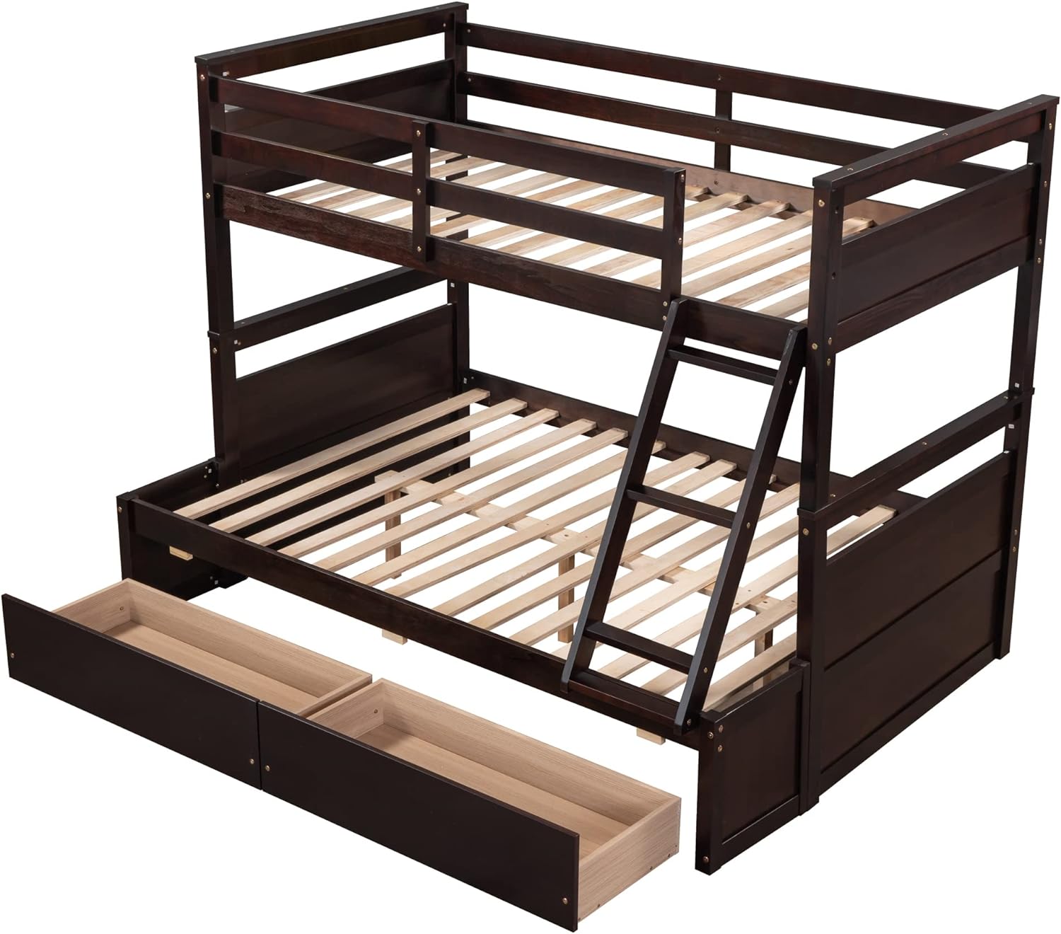 Over Full Bunk Bed With Storage, Wood Bunk Bed Frame With Two Drawer, Safety Guardrail, Ladder, Can Convertible To 2 Separated Beds For Kids, Teens, Adults ( Over Full, Espresso)