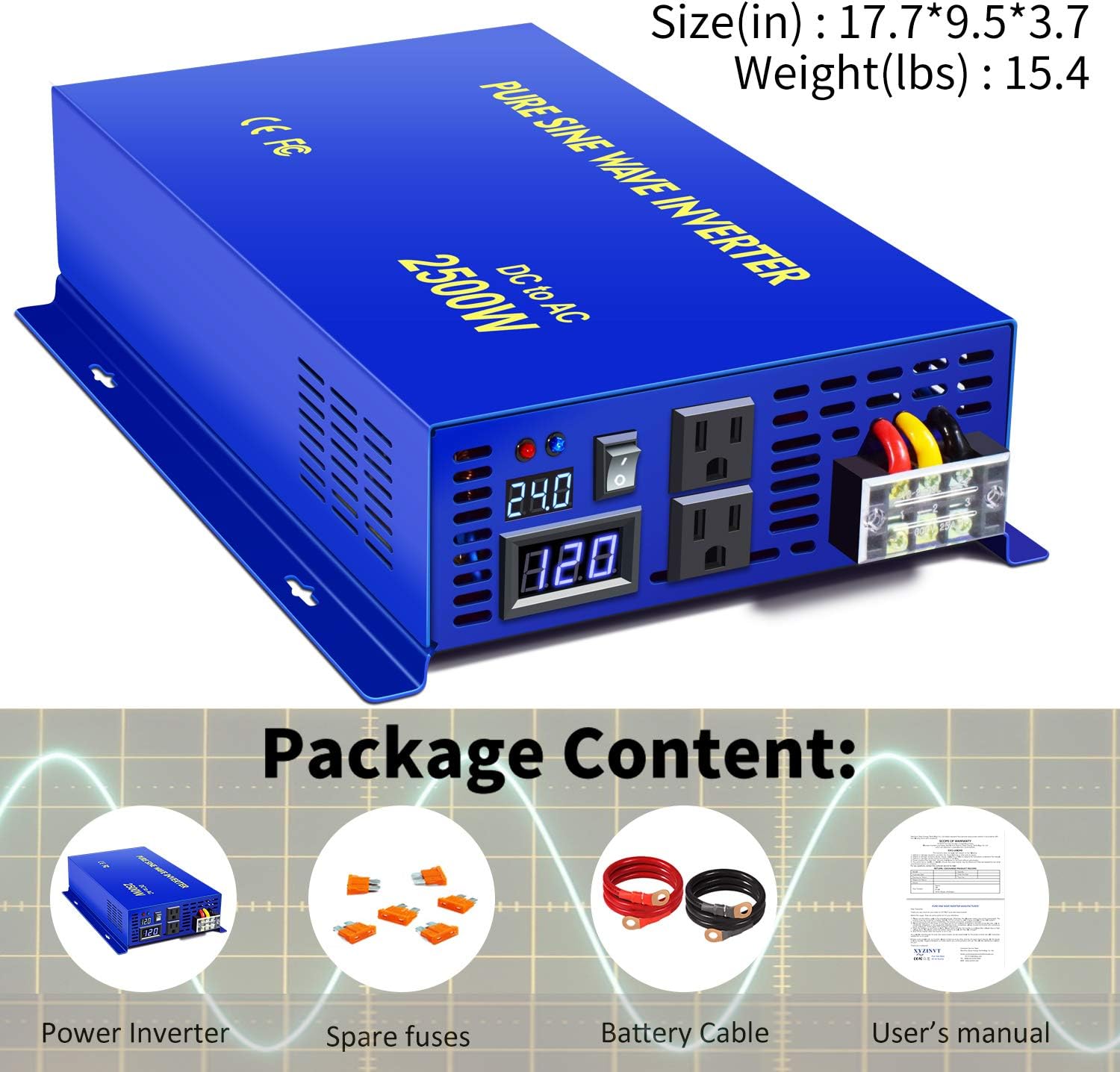 XYZ INVT 2500W Pure Sine Wave Inverter 24v to 110V 120V AC with Wireless Remote Switch, 5000 watt Surge, Power Inverter for Truck, RV Car Camping, Solar System, Grid Off.