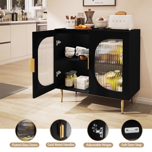 AERPOWER Sideboard Buffet Cabinet with 4 Glass Doors, Wood Accent Cabinet with Storage Shelves, Black Credenza Display Cabinet, Modern Storage Cabinet for Kitchen, Dining Room, Living Room, Hallway
