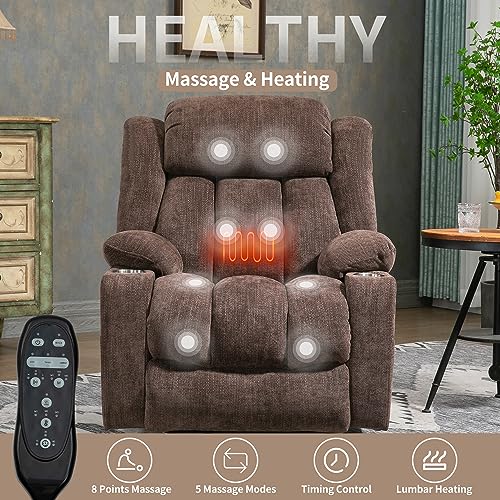 2024 Power Lift Recliner Chair with Full-Body Massage and Heat for Elderly, Hand Remote Control, Upgraded OKIN Motor, Extended Footrest, USB Ports, Stainless Steel Cup Holders, Chenille Grey