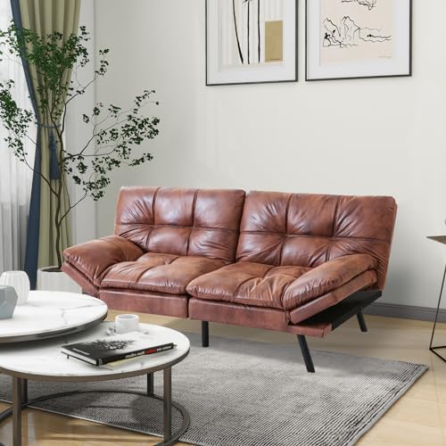 MUUEGM Faux Leather Futon Bed, Convertible Memory Foam Sofa Bed, Modern Love Seat for Living Room,Compact Space,Apartment,Office,Adjustable Backrests Armrests Couch Sleeper,71" Sofas, Matte Black