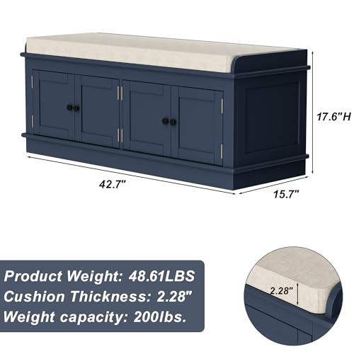 Storage Drawers and 2 Cabinets, Shoe Bench w/Removable Cushion & Seating for Entryway Living Room Hallway Bedroom, 43.7", White1