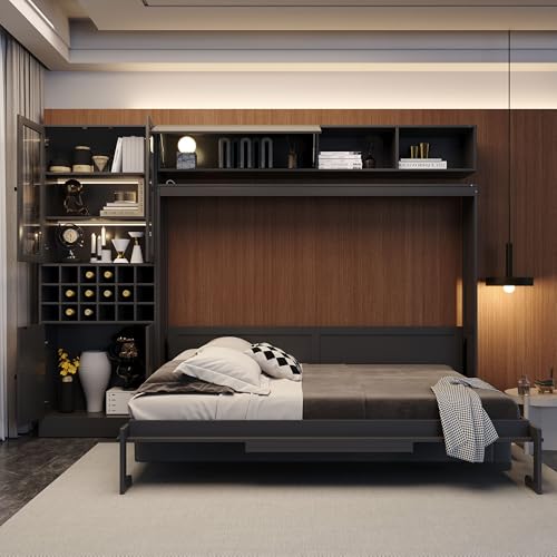 Merax Queen Size Murphy Bed Wall Bed with Sofa, Shelves, USB & Light - Space Saving Foldable Bed for Small Apartments, Grey