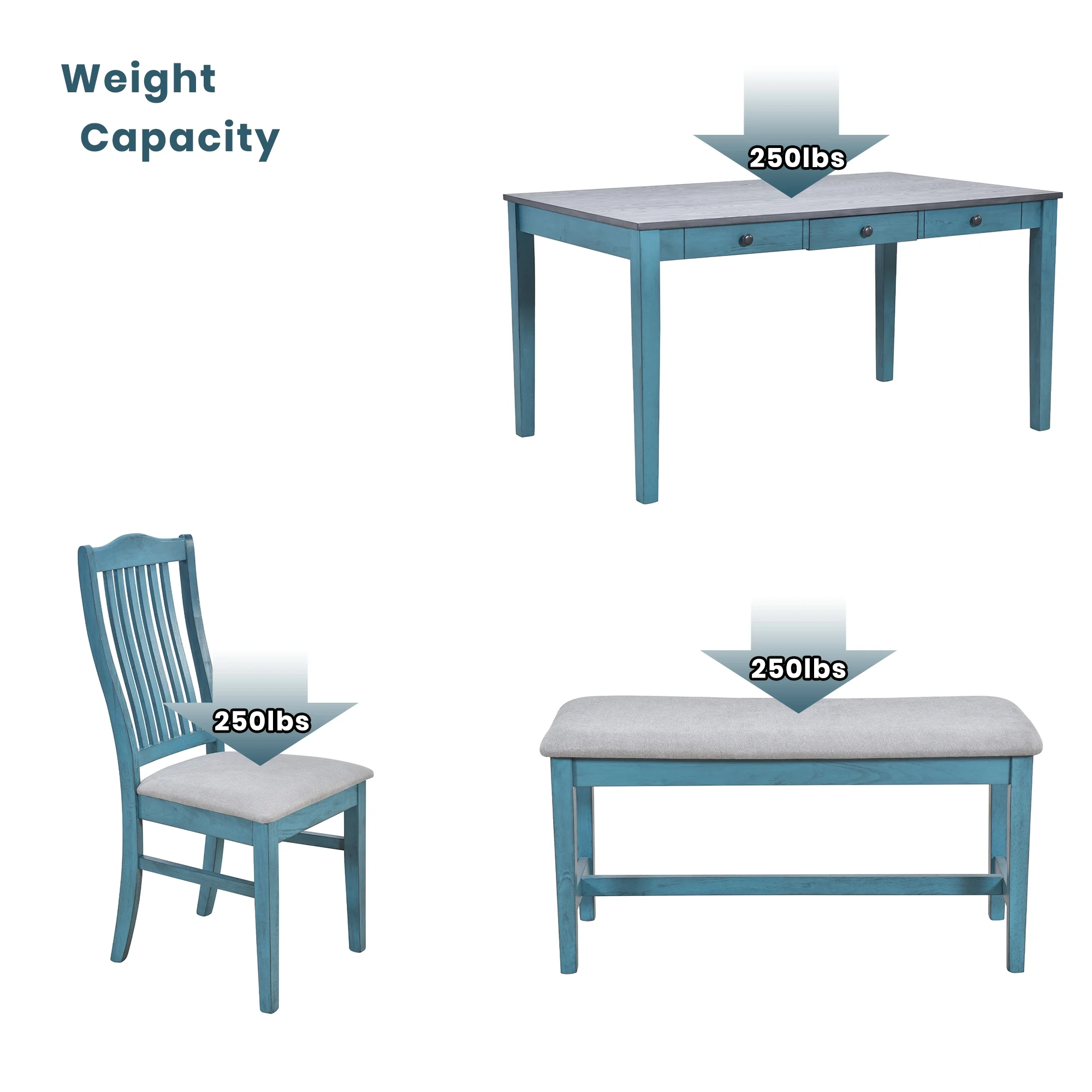 Churanty Farmhouse 6 Pieces Dining Table Set for 6,Rectangle Wood Kitchen Table with Drawer and 4 Upholstered Chairs and Bench,Antique Blue