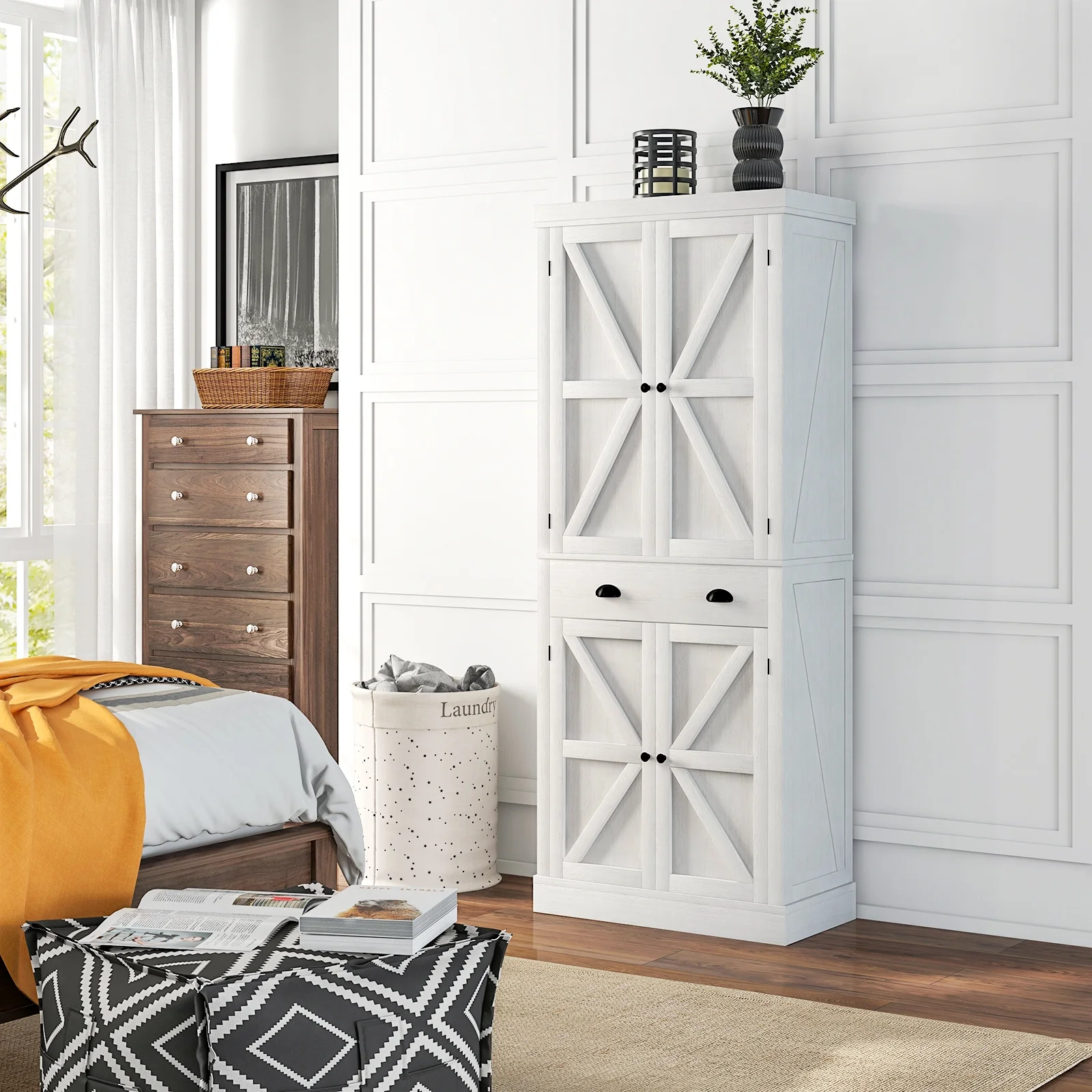 Oneinmil 72" Pantry Storage Cabinet, Tall Kitchen Pantry with Farmhouse Barn Doors for Kitchen, Rustic White
