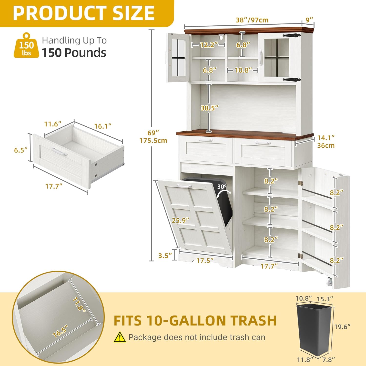 DWVO Kitchen Pantry Cabinet, Storage Cabinet with Trash Can, Tilt-Out Trash Can Cabinet, Tall Kitchen Cabinet, White Oak