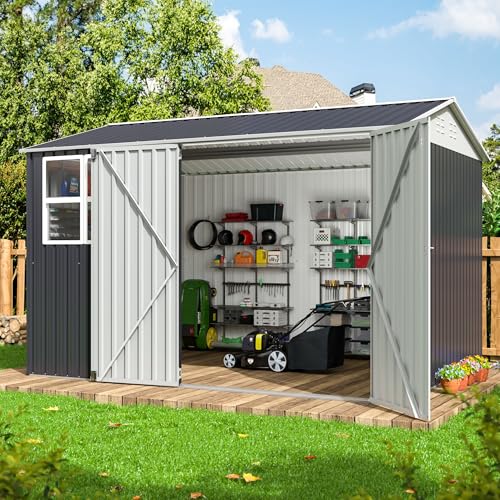 10x10 FT Outdoor Storage Shed, Metal Garden Tool Shed with Updated Frame Structure, Lockable Doors and Windows, Ideal for Backyard Garden Patio Lawn, Grey