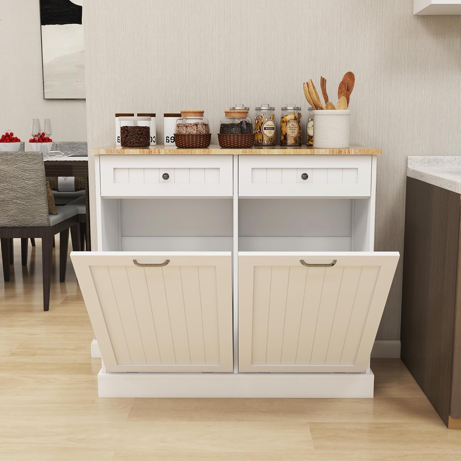 Ucloveria Double Tilt Out Trash Cabinet, Free Standing Garbage Can Cabinet 2 Drawer Tilt-Out Laundry Sorter Cabinet, Hidden Trash Can Holder Recycling Cabinet with Wood Tabletop for Kitchen